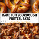 Golden brown sourdough pretzel bats made from a Sourdough Discard Pretzel Recipe arranged on a baking tray. 26